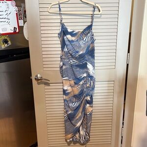 Blue and Cream Abstract Slip Midi Dress - Women's